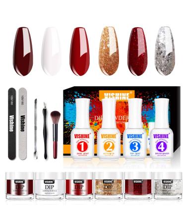 Vishine Dip Powder Nail Kit for Starter Acrylic Dipping Powder Kit System 6 Color (0.6oz) & Nail Dip Tools Set Nail Art Essential Kit 4pcs Dip Lqiuids Manicure Set