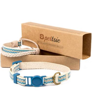 Pettsie Cat Kitten Collar Breakaway Safety and Friendship Bracelet for You, Durable 100% Cotton for Extra Safety, Easy Adjustable, D-Ring for Accessories, Gift Box Included 5"-8" Neck Blue