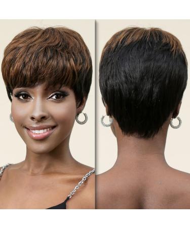 ALANHAIR Pixie Cut wig Human Hair Short Wigs for Black Women Glueless 100% Real Human Hair High Completion Hairstyle Easy to Take Care of(BLACK MIX BROWN)