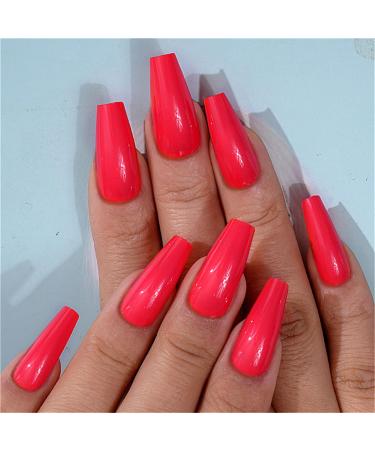Glossy Red Color Fake Nail Coffin Medium Press on Nails Tips Nail Art Decoration for Women and Girls Manicure 24pc