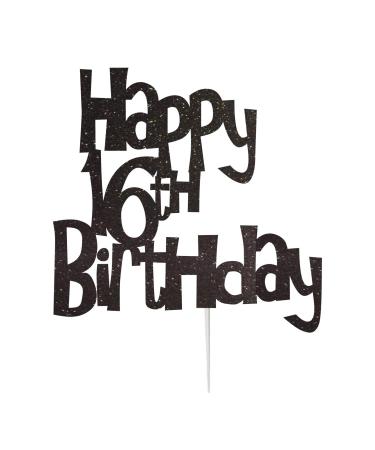 Happy 16th Birthday Cake Topper Decoration in Fun Style (Made in UK) - Black
