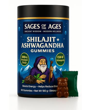 Sages Of The Ages Pure Himalayan Shilajit Gummies 3000 mg with KSM-66 Ashwagandha Ginseng & Mucuna Pruriens 78% Fulvic Acid & 85 Trace Minerals Energy Stamina & Wellness Support 60 Gummies