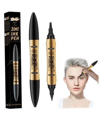 Eyebrow Pencil Liquid Eyebrow Pen 2 in 1 Dual-ended Eyebrow Waterproof & Long Lasting Liquid Eyeliner Pen Four-tip Brow Pencil for Women Gift Black