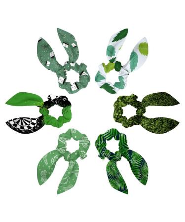 6 Packs Green Leaves Pattern Spring Women's Scrunchies Hair Ring Elastics Bands Ponytail Holder Soft Hair Scrunchies for Women Hair Accessories Multi-colored 4
