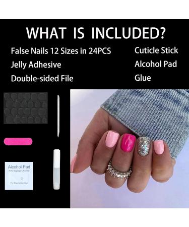 Short False Nails - Cute Red & Pink Square Press On Nails with Silver Glitter | 24 Pcs Acrylic Stick On Nails for Women & Girls - Buy Online on GoSupps.com
