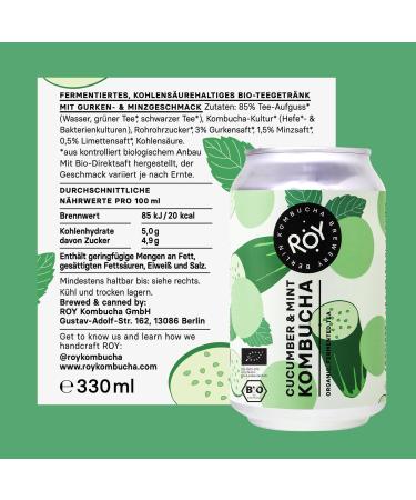 Buy Roy Cucumber & Mint Kombucha Bio - Organic Vegan Gluten-Free | 6 Pack 330ml | Handmade in Berlin - Buy Online on GoSupps.com