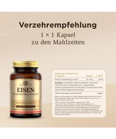 Solgar Iron 20 mg - Stomach-Friendly Iron Bisglycinate | 90 Vegan Capsules | 3-Month Supply | International Shipping - Buy Online on GoSupps.com