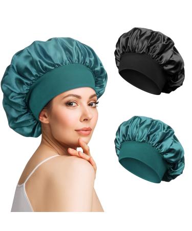 2pcs Satin Bonnet Silk Bonnet for Curly Hair Hair Bonnet Silk Hair Wrap for Sleeping Night Sleep Cap for Women (Black Blue)