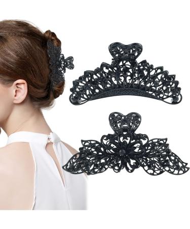 2 Pcs Vintage Flower Hair Claw Clips Alloy Fancy Hair Claw Jaw Clips Metal Retro Crystal Non-Slip Vintage Hair Clamps Hair Updo Grip Hair Accessories for Women Girls 2 pcs black