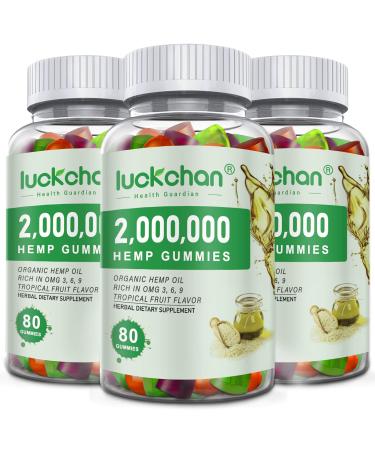 (3 Pack) High Potency Hemp Gummies by LUCKCHAN - 2,000,000 XXL Extra Strength - Natural Edibles Fruity Gummy with Organic Hemp Oil - Vegan, Non-GMO, Made in USA 3-Pack