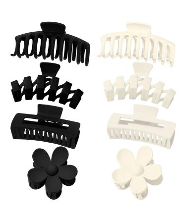 Large Hair Clips for Women 4.33inch Claw Clips for Thin Thick Curly Hair 90's Strong Hold 4 style Non slip Big Flower Square Matte Jaw Clip Hair Clutch Girls Woman Neutral Black White Clamps Black/White