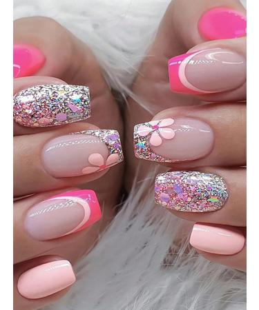24pcs Bright Pink Press on Nails Glitter French Fake Nail Pink Short Coffin Nails Press on Nails Coffin Shape Nails For Women's