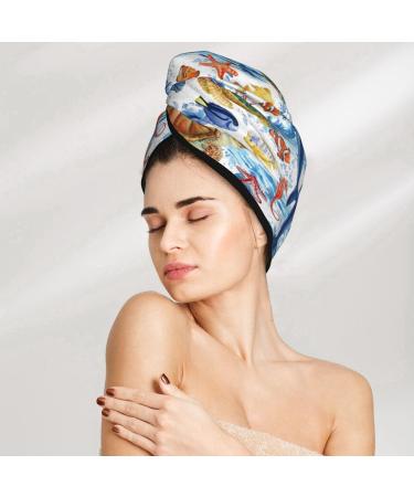Hair Towel Wrap for Quick Drying - Marine Animals Design | Hair Drying Turban with Button for Easy Use - Buy Online on GoSupps.com