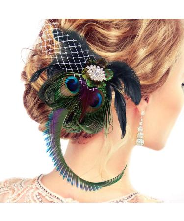Number-one Fascinators Peacock Feather Hair Clip Headband Mesh Rhinestone Bridal Wedding Costume Cocktail Tea Party Photography Headwear Headdress Hair Accessories with Hairpin for Women