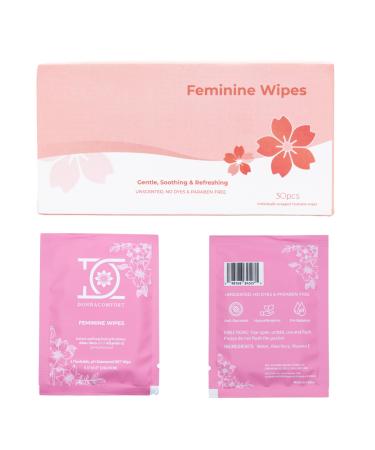 Flushable Feminine Wipes - ph Balance Unscented Alcohol-Free Hypoallergenic | Sensitive Formula with Aloe Vera and Vitamin E (30 Individually wrapped singles)