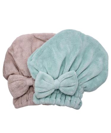 Dianoo 2 x hair drying hoods made of microfiber ultra absorbent fast drying hair turban winding towels soft shower hood for long thick hair women and girls (green and coffee colors)