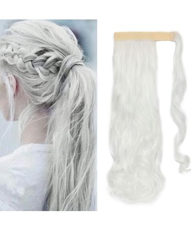 Ponytail Hairpiece Braid Clip in Ponytail Hair Extension Synthetic Hair Extension Hair Piece Wrap on for Women 43 cm Wavy-White