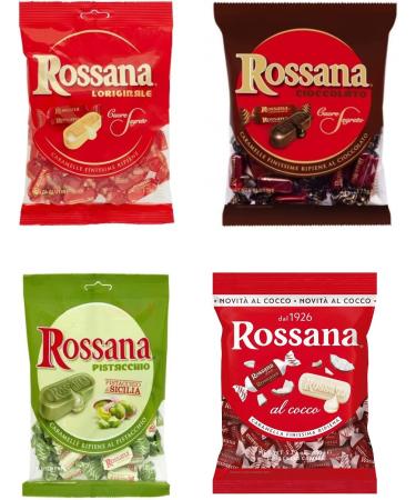 Italian Gourmet E.R. Rossana Coconut Chocolate Original Pistachio Candies Candy Lollies Pack of 4 Hard Sweets with Creamy Filling + Italian Gourmet Tomato Pulp 400g Box
