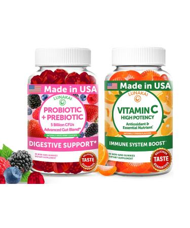 Lunakai USA Made Probiotic + Prebiotic & Vitamin C Gummies Bundle Digestive Balance & Daily Antioxidant Support 60 Non-GMO Gummies Each