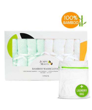 JM Bamboo Baby Washcloths Set - 8 Soft Cloths for Sensitive Skin | 25x25 cm Green & White with Laundry Bag - Ideal for Baby Care - Buy Online on GoSupps.com