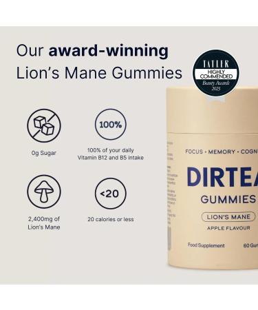 DIRTEA Lion's Mane Mushroom Gummies - Vegan Natural & Sugar Free with Vitamin B12 & B5 - Focus & Memory Supplement - 1 Month's Supply - 2 400mg per Serving - 60 Gummies - Apple Flavour - Buy Online on GoSupps.com