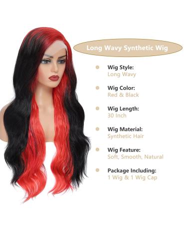 Ombre Red Root Highlight Side Part Wig | Skunk Stripe Long Wavy Synthetic Hair | Body Wave Lace Front Wig for Black Women (RS200D/1B) - Buy Online on GoSupps.com