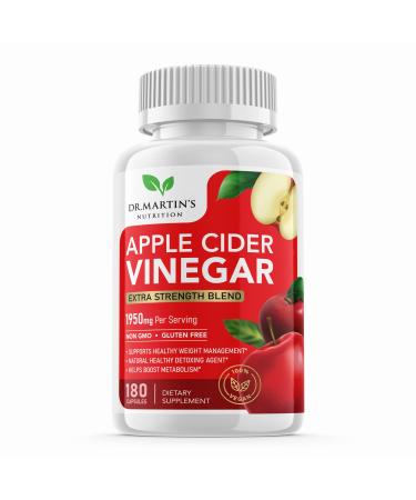Pure 1950mg Apple Cider Vinegar Supplement | 180 Capsules | No Sour Taste | Pills for Healthy Metabolism  Bloating & Energy | Detox & Digestion Support| Non-GMO  Gluten Free | 100% Natural & Raw