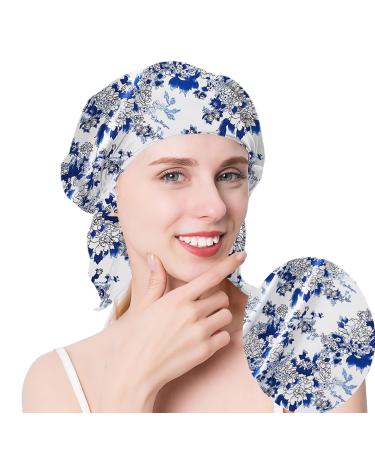 100% Mulberry Silk Bonnet for Sleeping-Blue Flower Print Silk Hair Bonnet for Frizzy Natural Curl Hair-Gift for Ladies