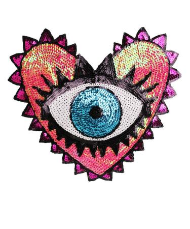1 Pcs Love Large Sequin Heart Evil Eyes Patches No Glue Cartoon Motif Applique Embroidery Garment Patch Sewing on for Clothes Kids T Shirt Jeans DIY Crafts (Color 3)