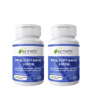 EZ Melts Multivitamin + Iron - Daily Multivitamin for Women & Men - Supports Healthy Energy Levels & Antioxidant Protection - Non-GMO & Vegan - Tropical Cherry - 120 Dissolvable Tablets (60 Servings) Multi + Iron 60 Count (