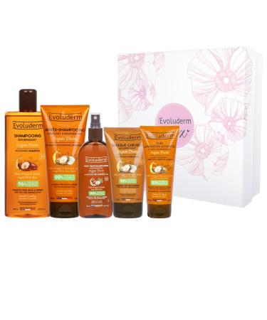 Evoluderm EVOLUDERM Divine Argan Set - Conditioner + Nourishing Shampoo + Detangling Conditioner + Long & Tip Care + Mask 150 ml + Scrunchie Gift - Made in France (Flower)