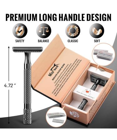 Premium Safety Razor for Men | Long Handle with 15 Stainless Steel Double Edge Blades | Reduced Razor Burn - Black - Buy Online on GoSupps.com