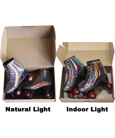 JajaHoho Women's Black Holographic High Top Roller Skates | Double-Row Quad Skates for Girls and Women, US 8 | Indoor Outdoor PU Leather Rollerskates - Buy Online on GoSupps.com