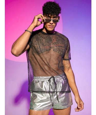 OYOANGLE Men's Metallic PU Leather Party Shorts - Silver, Large | Drawstring Waist, Pocket Detail - Buy Online on GoSupps.com