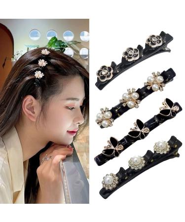 Satin Fabric Hair Bands  Four-Leaf Clover Chopped Hairpin Duckbill Clip  Braided Hair Clip with Rhinestones for Women/Girls (4 PCS)