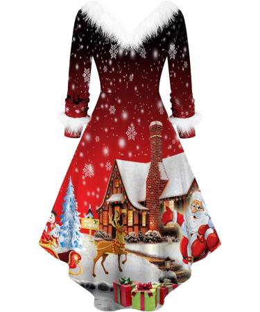 Yihaojia Christmas Dresses for Women Vintage Xmas Mrs Claus Costume Hi Low Long Sleeve Fur Trim Dresses V Neck Swing Dress Black Medium - Buy Online on GoSupps.com