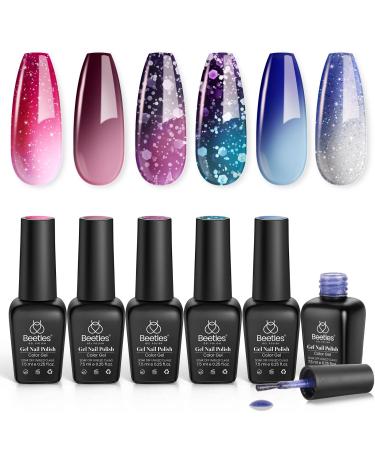 Beetles Color Changing Gel Polish Set - 6 Colors Nail Gel Polish Blue Purple Temperature Change Colors Kit - Long Lasting Soak Off Gel Nail Kit DIY Home Manicure Decorations for Women