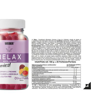 Weider Relax Gummies (40 Gummies) Citrus Punch Flavor Gums containing L-Theanine L-Tryptophan Passionflower and Lemon Balm Extracts Vitamin B6. Helps Relaxation. Sugar Free Gluten Free. - Buy Online on GoSupps.com