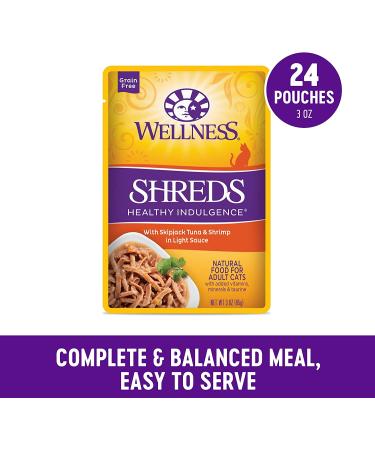 Wellness Grain-Free Wet Cat Food, Tuna & Shrimp Shreds, 24-Pack, 3oz Pouches - Healthy Indulgence - Buy Online on GoSupps.com