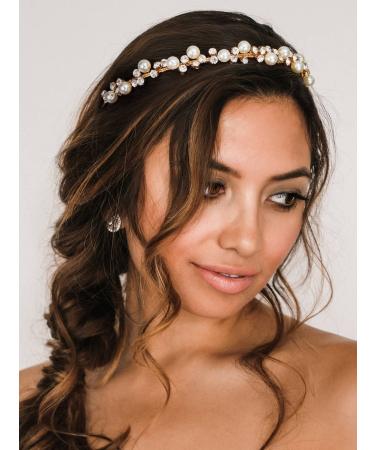 SWEETV Gold Pearl Tiara Headband for Women - Crystal Bridal Wedding Hair Accessory - Buy Online on GoSupps.com