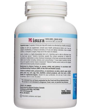 Natural Factors Acetyl L-Carnitine 500mg Capsules - Supports Memory, Concentration, & Brain Function - 120 Caps (60 Servings) - Buy Online on GoSupps.com
