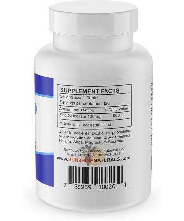 Sunshine Naturals Zinc Gluconate 100mg Mineral Dietary Supplement - Immune Support & Anti-Aging Antioxidants - 120 Tablets - Buy Online on GoSupps.com