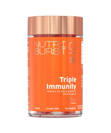 Nutriburst Triple Immunity - Liposomal Vitamin C (100mg) D3 (20 g) Zinc (7.5mg) + Elderberry Extract - Immune & Wellbeing Support - Vegan Sugar Free Supplement - 60 Berry Gummies - 1 Month Supply Triple Immunity 60 count (Pack of 1)