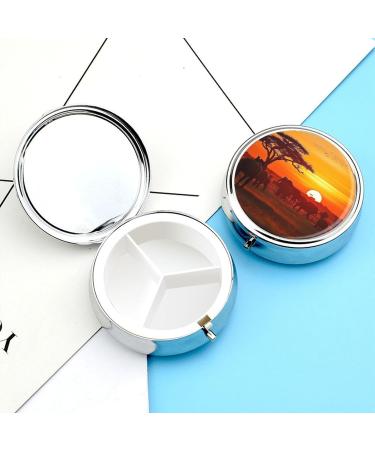 Round Pill Box with African Animal Sunset Print | 3 Compartment Decorative Metal Pill Organizer | Portable & Stylish Pocket Pill Case - Buy Online on GoSupps.com