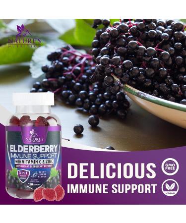 Immune Support Gummies with Elderberry, Zinc & Vitamin C - Vegan Sambucus Black Supplement for Adults & Children - 120 Delicious Gummies - Buy Online on GoSupps.com