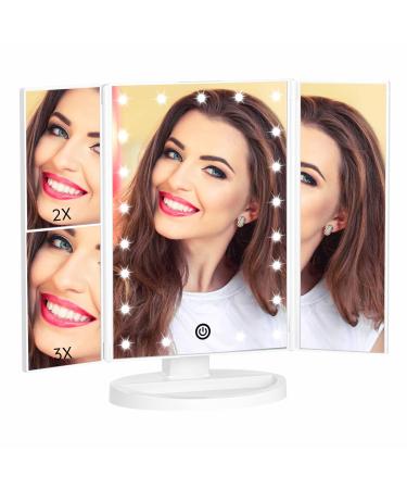 COSMIRROR Lighted Makeup Shower Mirror  Trifold Makeup Vanity Mirror with 21 LED Lights and 1X/2X/3X Magnification  Dual Power Supply  180  Rotation Cosmetic Mirror (White)