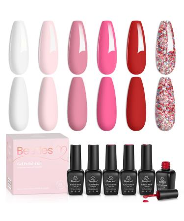 Beetles Gel Nail Polish Set -6 Colors Pink Rose Red Gel Polish Spring Summer Nail Gel Kit Fall in Love Collection Glitter Pink Gel Soak Off LED Nail Lamp Manicure Kit Mother's day Gifts for Women