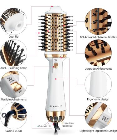Plavogue Dual Voltage Hair Dryer Brush Volumizer - One-Step Hot Air Brush for Travel & Salon Blowouts - Negative Ionic Technology - International Upgraded Version - White Gold - Buy Online on GoSupps.com