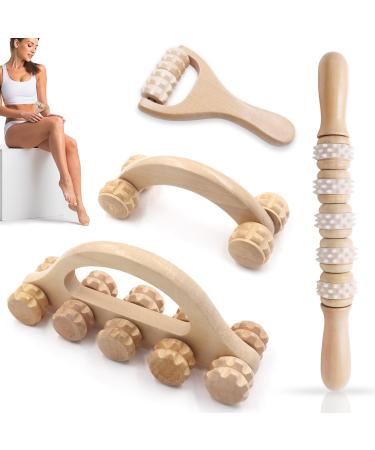 Gzjiyu 4 STK massage roller set fascia roll wood fascia roller with handle massage roller for neck shoulder legs back full body muscles