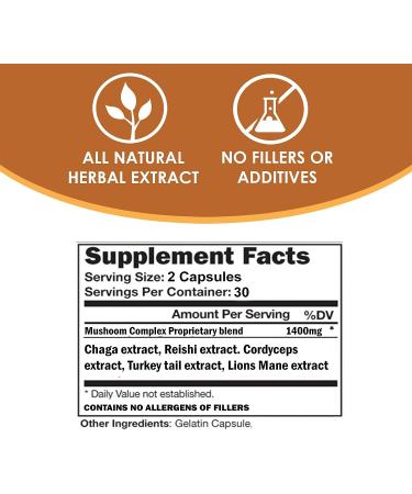 VH Nutrition Mushroom Supplement 1400mg Capsules - Vitality Support with Lions Mane, Chaga, Reishi Extracts - Buy Online on GoSupps.com